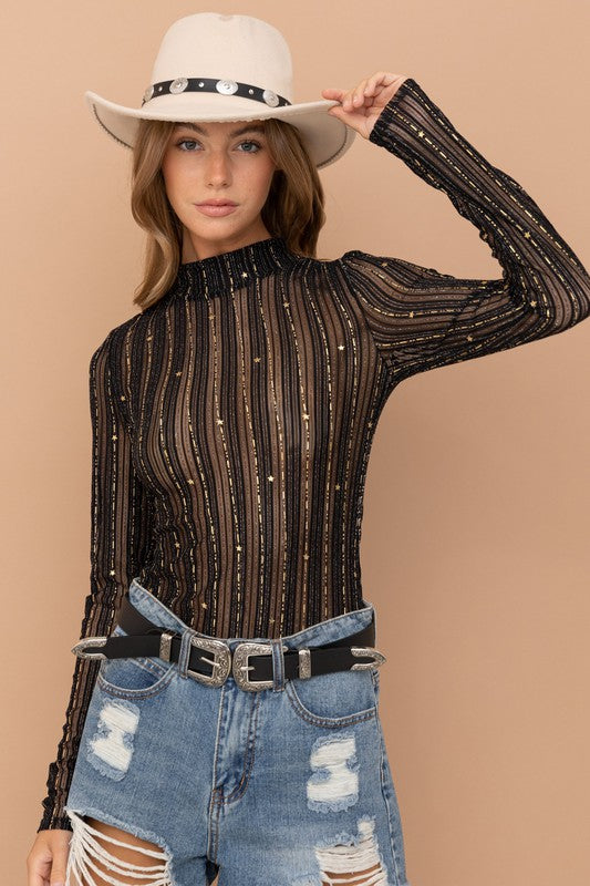 McKinli Metallic Star Stripe Mesh Mock Neck Top