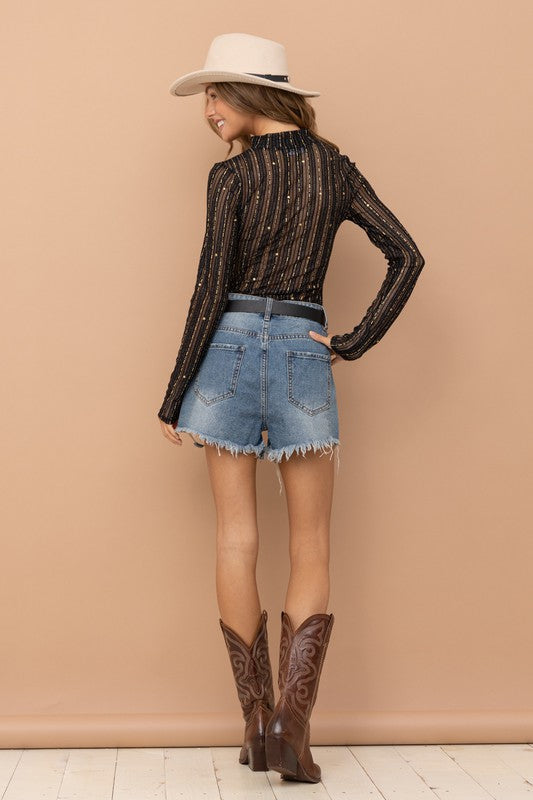 McKinli Metallic Star Stripe Mesh Mock Neck Top
