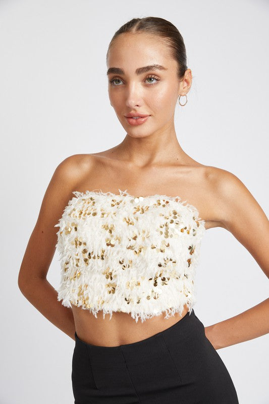 Festival Tube Top, White and Gold Sparkle Tube Top 2024 in Brocade Fabric, Maja Bandeau, White and Gold | Poppy California