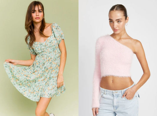 There is an image of a woman in a green floral dress and a green background. There is also a picture of a woman in a one shoulder fluffy pink cropped sweater and blue jeans with a white background.
