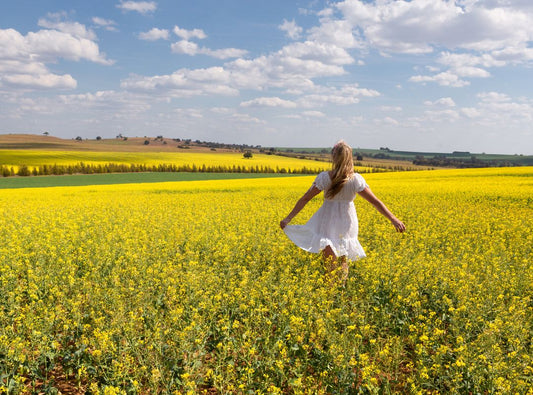 a woman in a white dress is in a field with yellow flowers and there is a sunny sky with white clouds in it. There are also more green and yellow fields in the background.