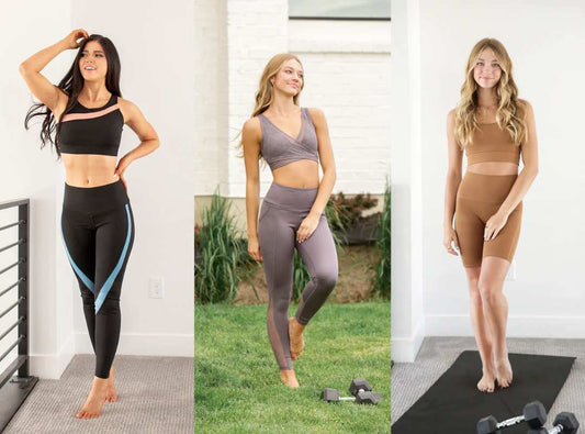 There are three images of women in workout gear, the left one is wearing black, middle grey, and right brown.