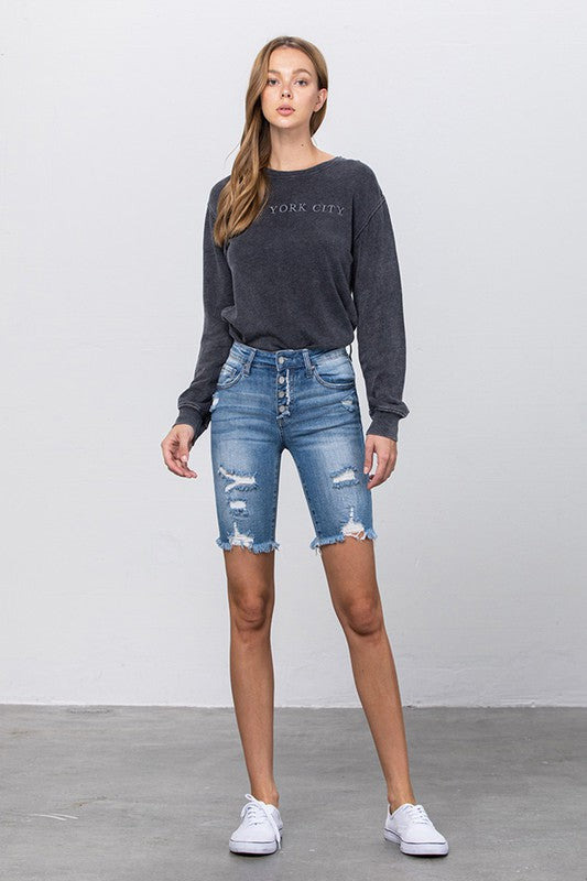 Kinsley Frayed Raw Hem Ripped Bermuda Shorts