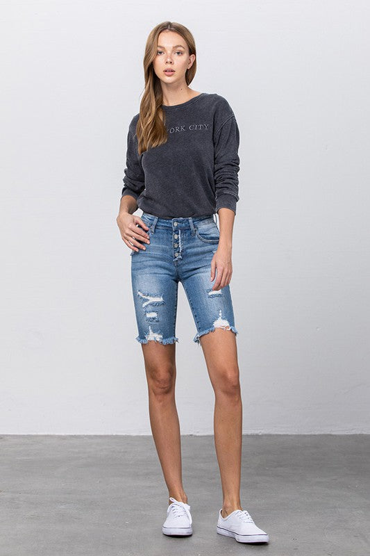 Kinsley Frayed Raw Hem Ripped Bermuda Shorts