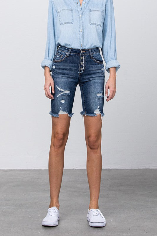 Kinsley Frayed Raw Hem Ripped Bermuda Shorts