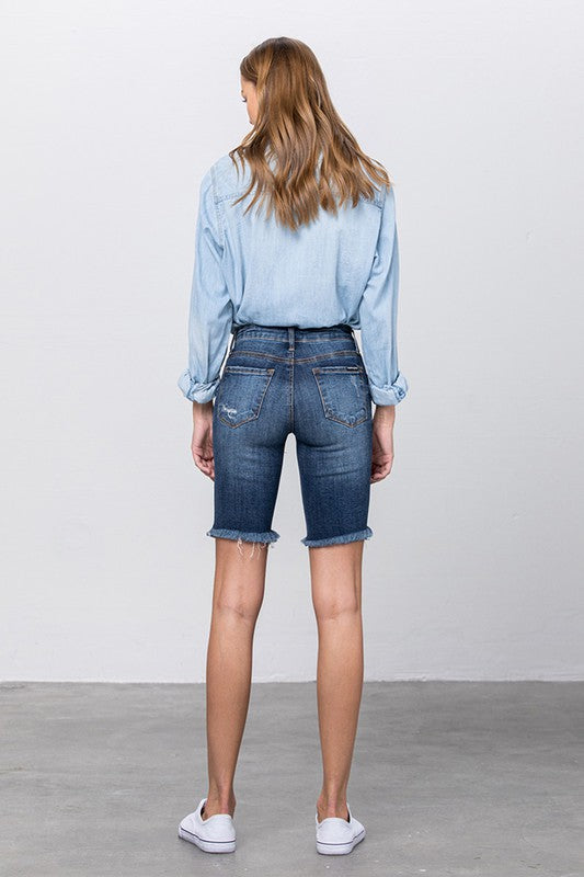 Kinsley Frayed Raw Hem Ripped Bermuda Shorts