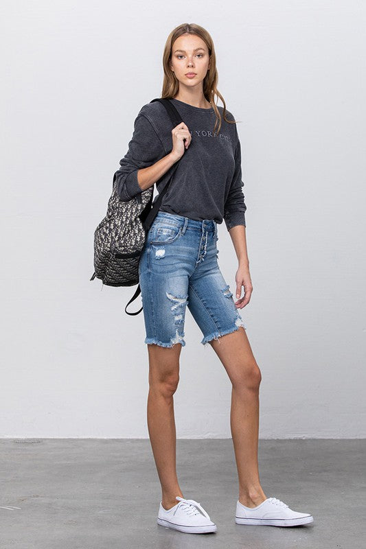 Kinsley Frayed Raw Hem Ripped Bermuda Shorts