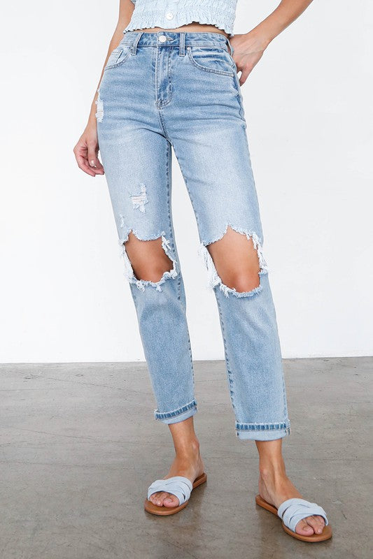 Logan High Waist Destroyed Hem Boyfriend Jeans