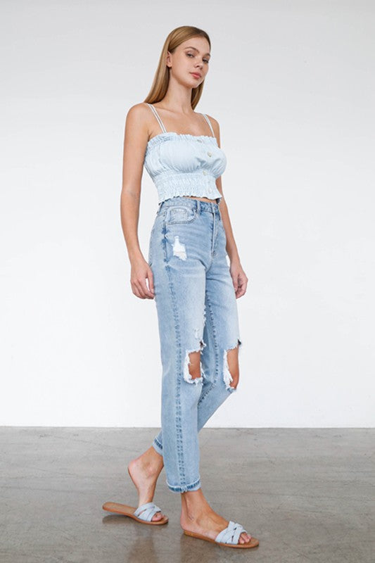 Logan High Waist Destroyed Hem Boyfriend Jeans