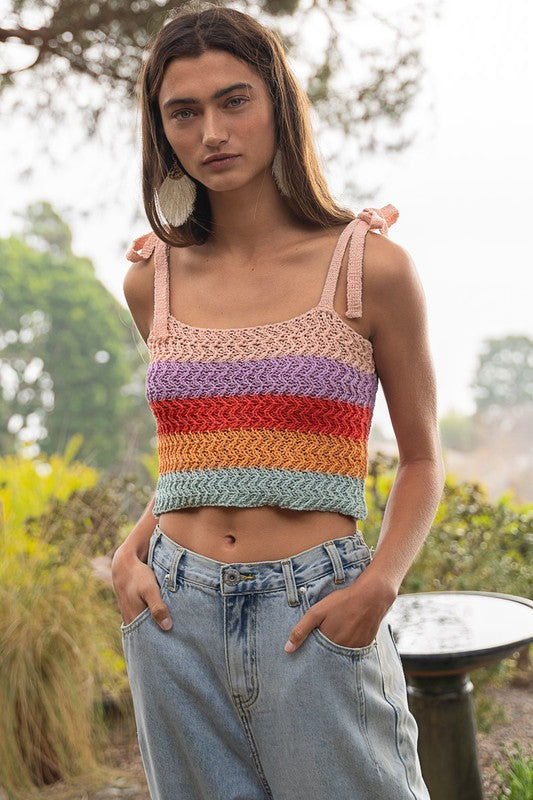 Knot-Tied Striped Knit Crop Top