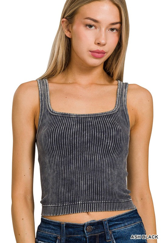 Macy Washed Ribbed Cropped Tank Top - 2-Way Neckline
