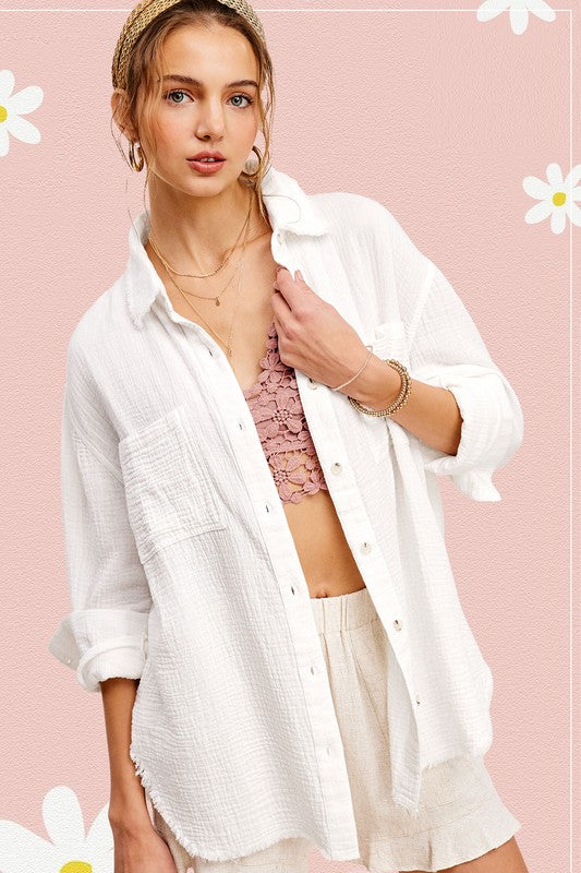 Amy Soft Washed Crinkled Gauze Button Down Shirt