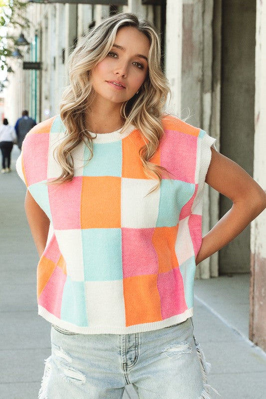 Mia Multi-Color Checker Sweater Vest