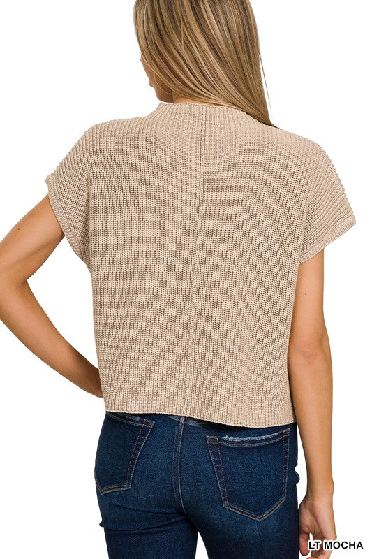 Fray Mock Neck Short Sleeve Cropped Sweater