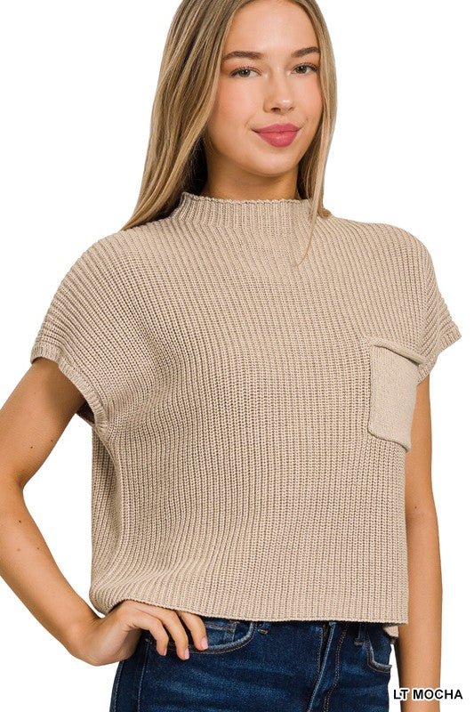 Fray Mock Neck Short Sleeve Cropped Sweater