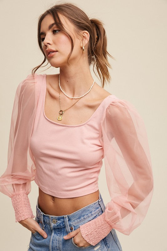 Hadlee Square Neck Mesh Puff Sleeve Knit Top
