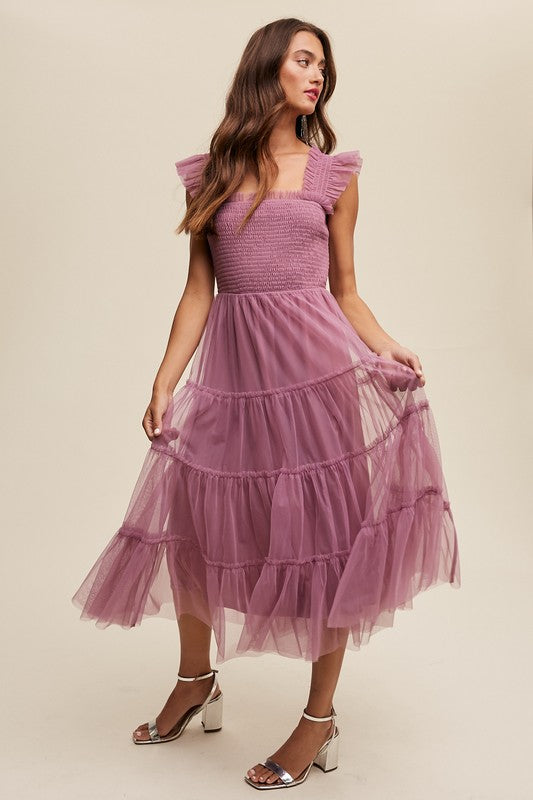 Jolene Smocked Ruffle Tiered Mesh Midi Maxi Dress