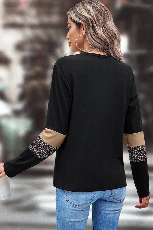 Leopard Colorblock Patchwork Crew Neck Top