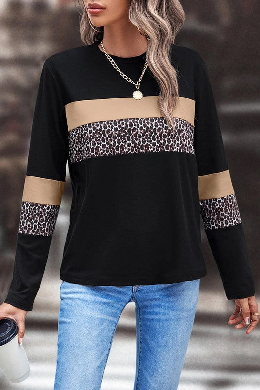 Leopard Colorblock Patchwork Crew Neck Top