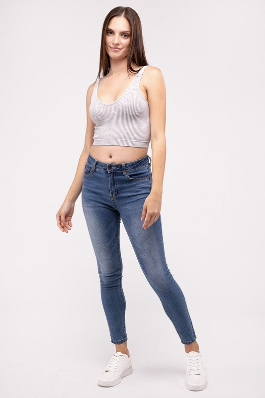 Lora Washed Ribbed Cropped V-Neck Tank Top