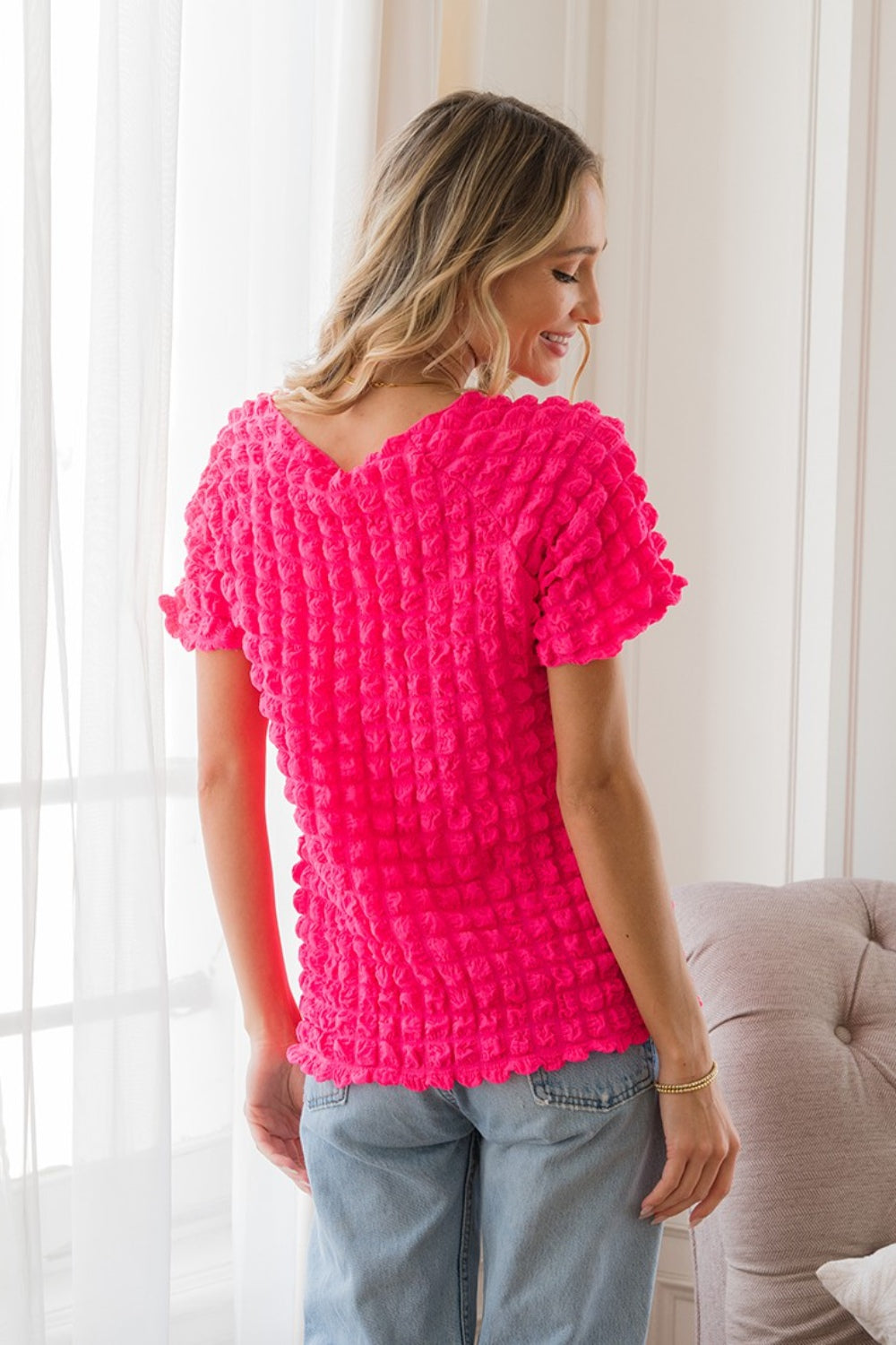 Kindra Bubble Textured Round Neck Short Sleeve T-Shirt