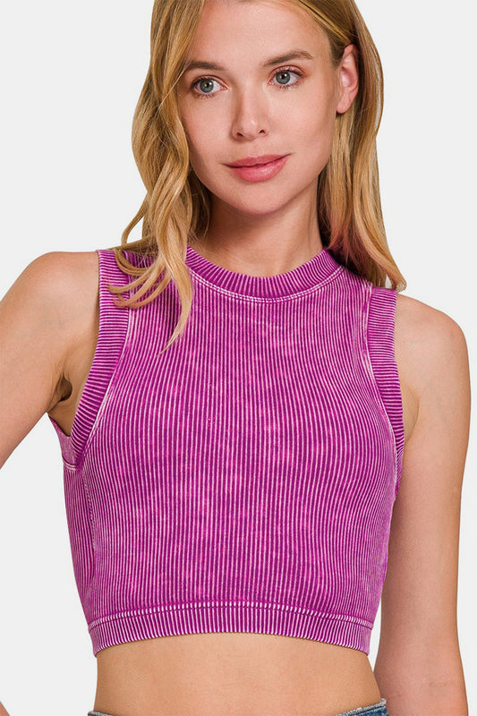 Jessica Washed Ribbed Seamless Crop Tank with Bra Pad