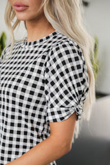Check Print Twisted Puff Sleeve Knit Top