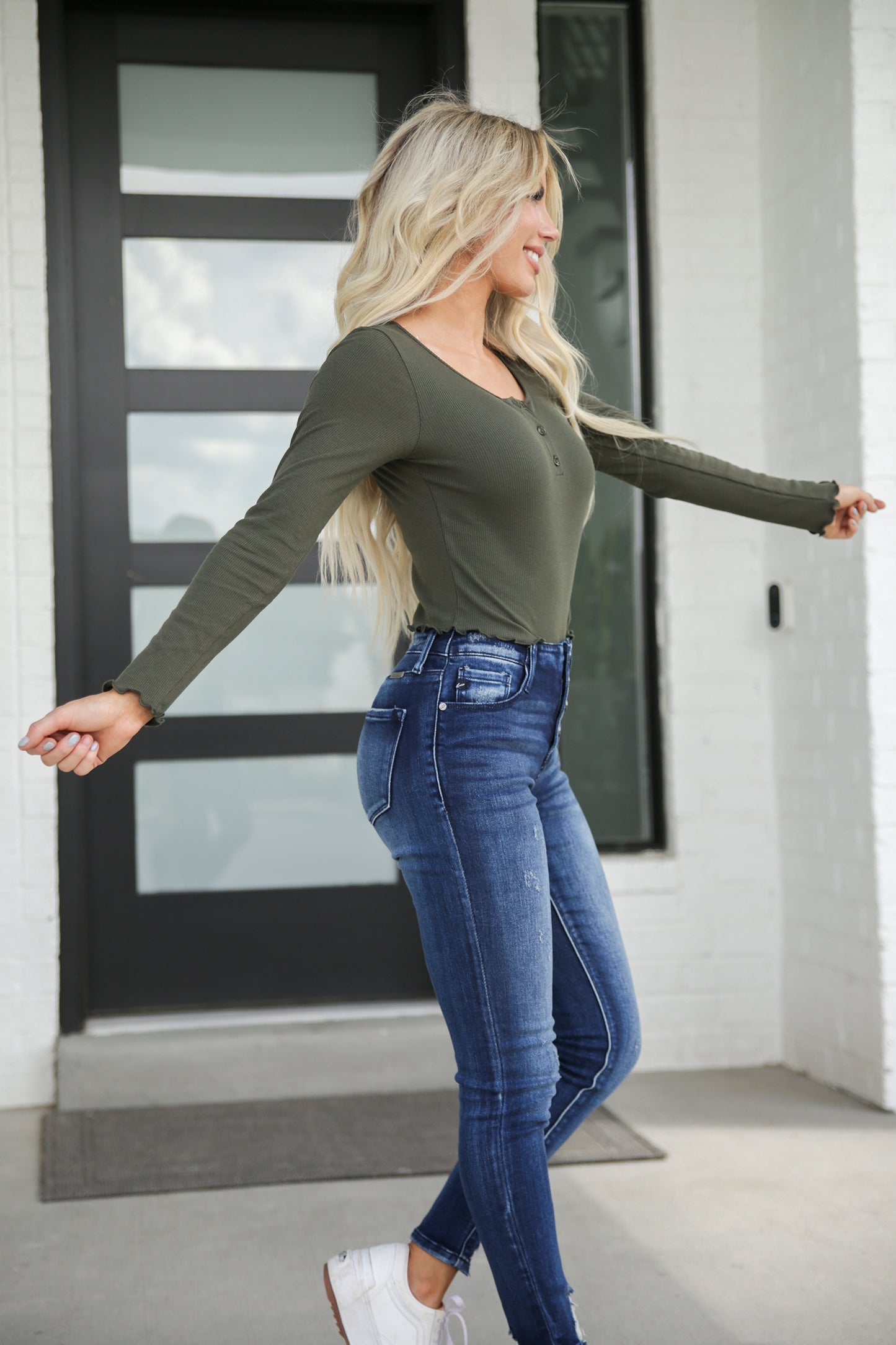 Ribbed Henley Long Sleeve Top