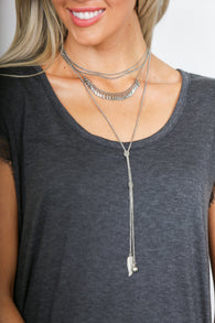 Long Silver Feather Layered Necklace